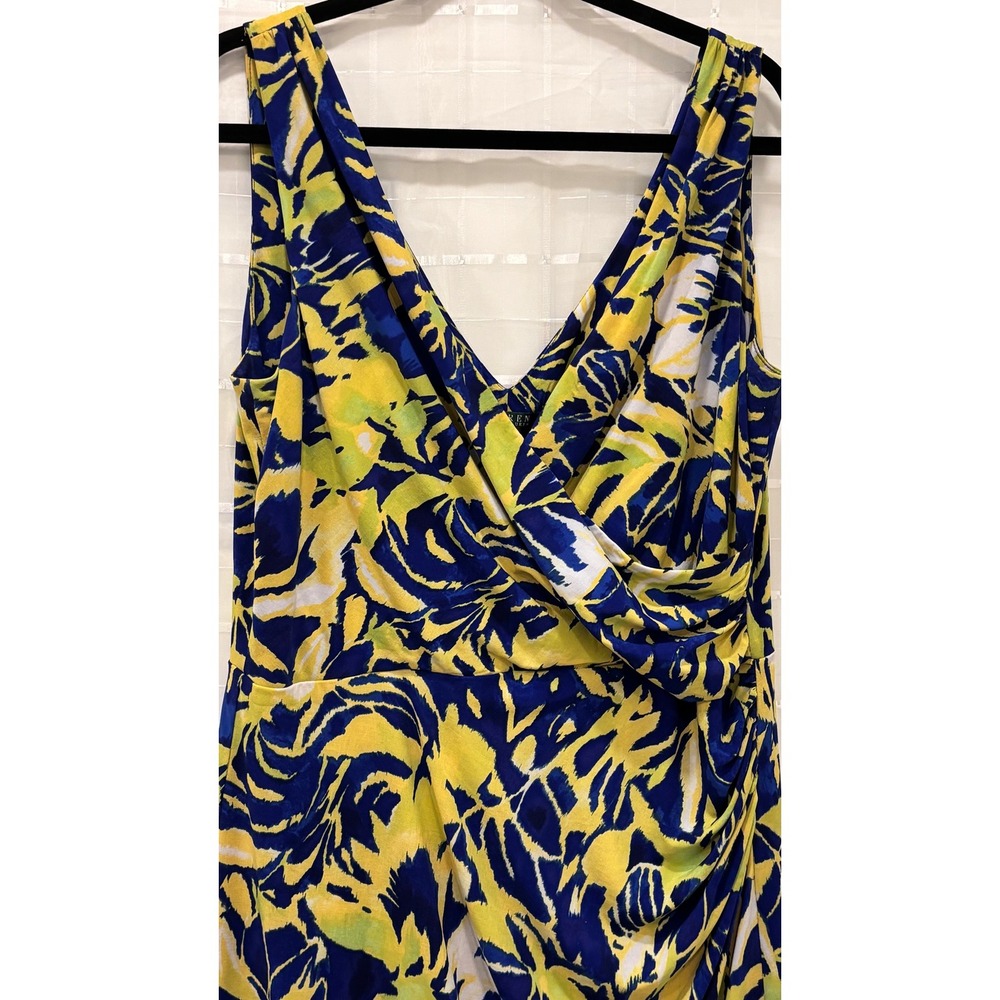 Lauren Ralph Lauren Blue Yellow Abstract Floral Faux Wrap Sheath Dress Size 16